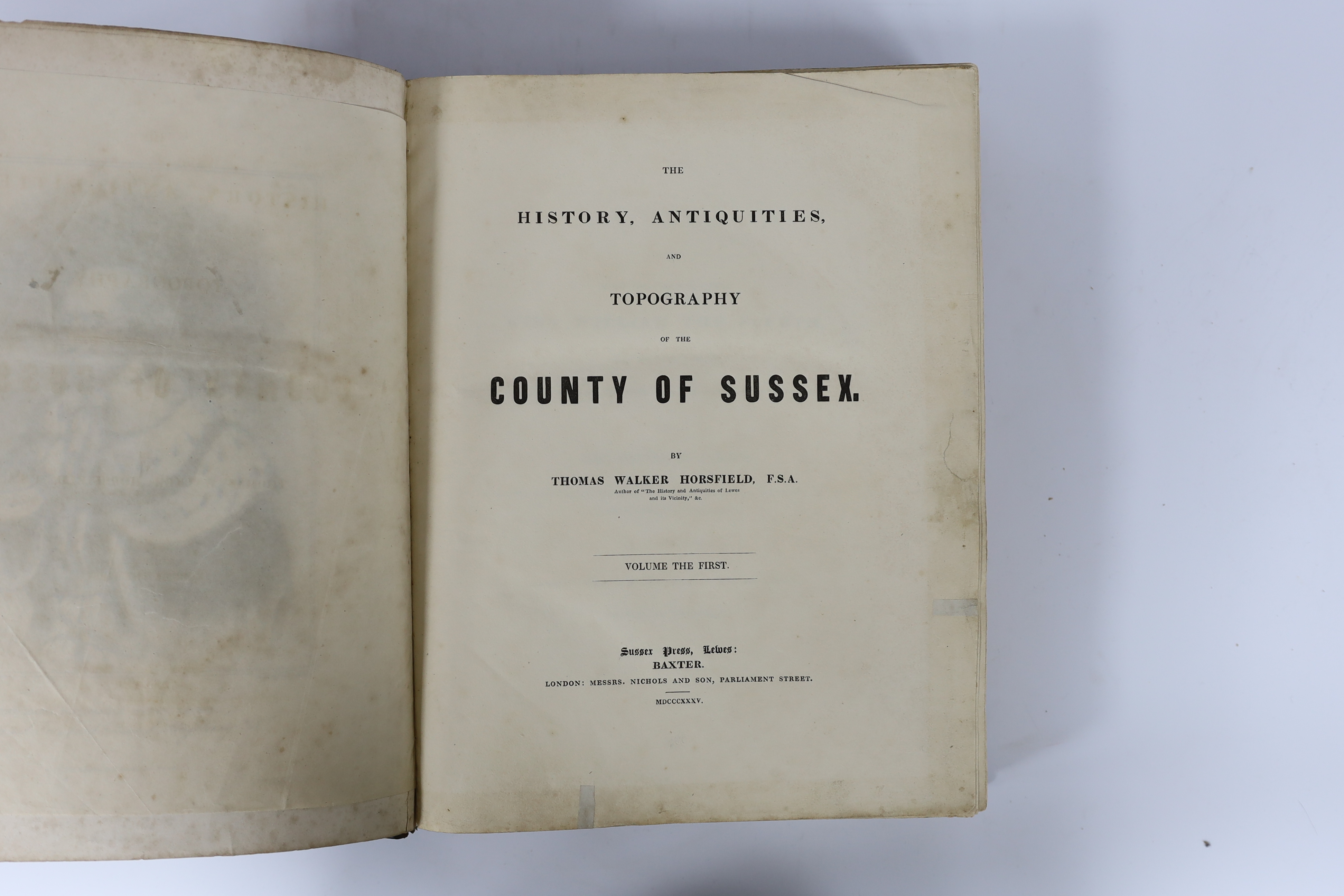 Horsfield, Thomas Walker - The History, Antiquities, and Topography of the County of Sussex. vol. I (only, the East Sussex volume). 3 portraits (one a mezzotint), a folded pictorial map, 27 other plates and some wood eng